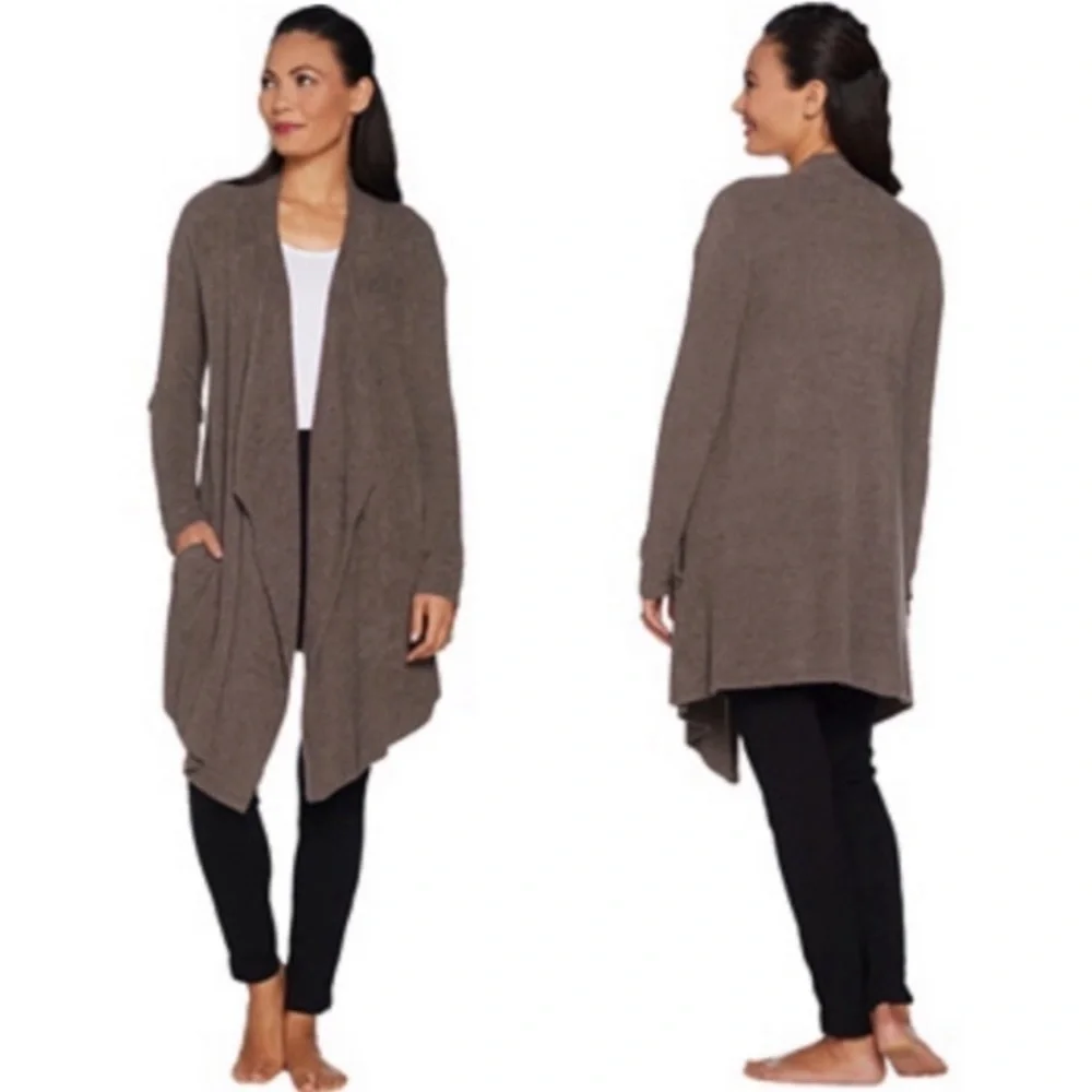 Barefoot Dreams Cozychic Lite Taupe Waterfall Island Wrap Open Cardigan S/M 903‎
